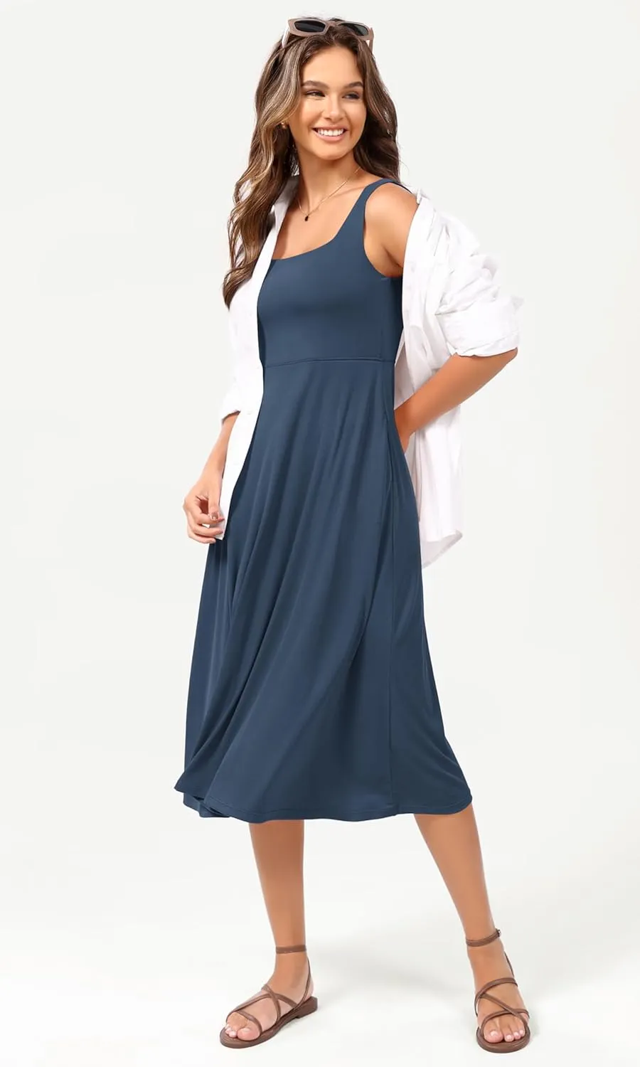 ODODOS Square Neck Midi Dress with Pockets for Women Summer Casual Sleeveless Sundress Flare Tank Dress