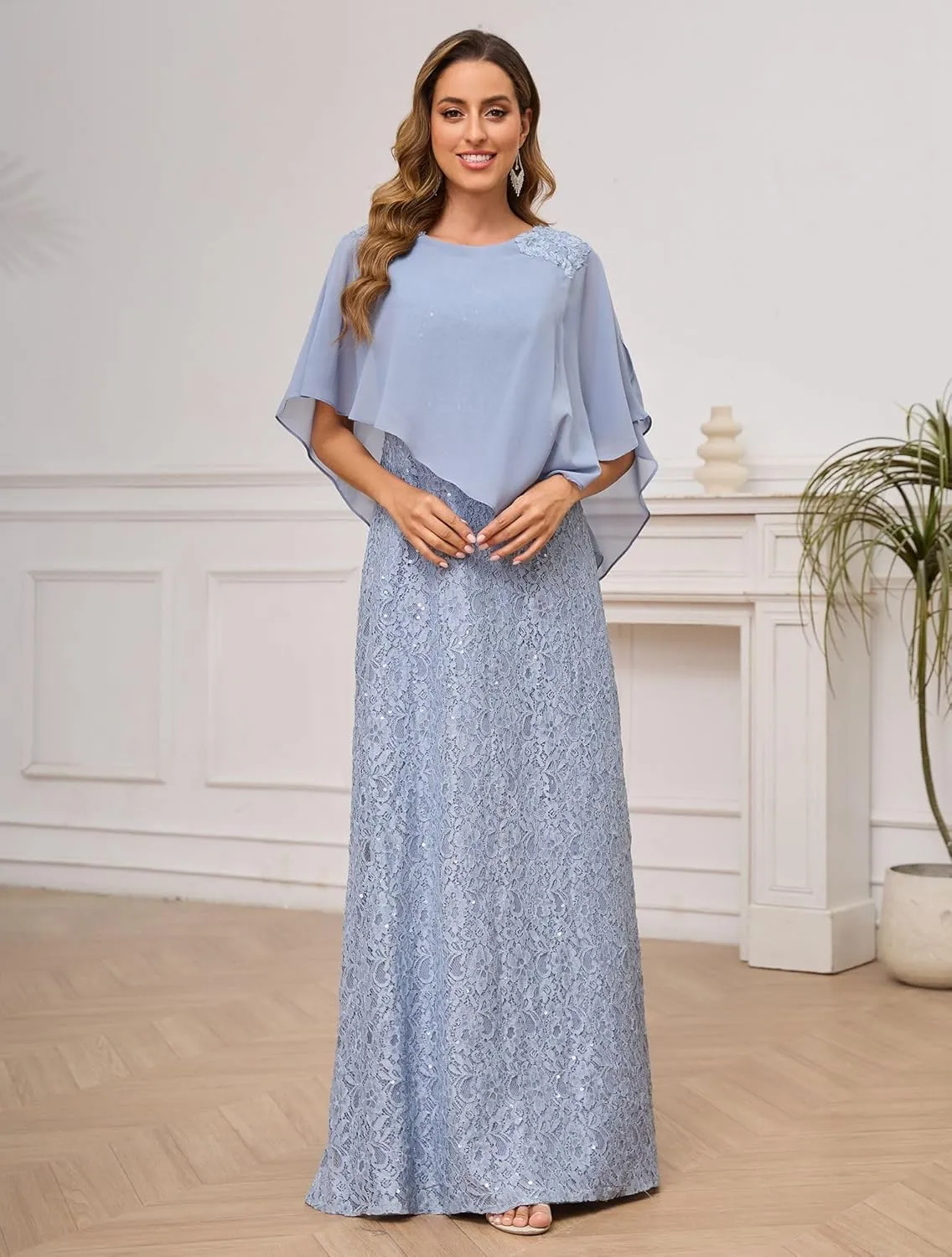 OFEECHUN Sequin Lace Mother of The Bride Dresses for Women Long Chiffon Cape Evening Formal Party Gown