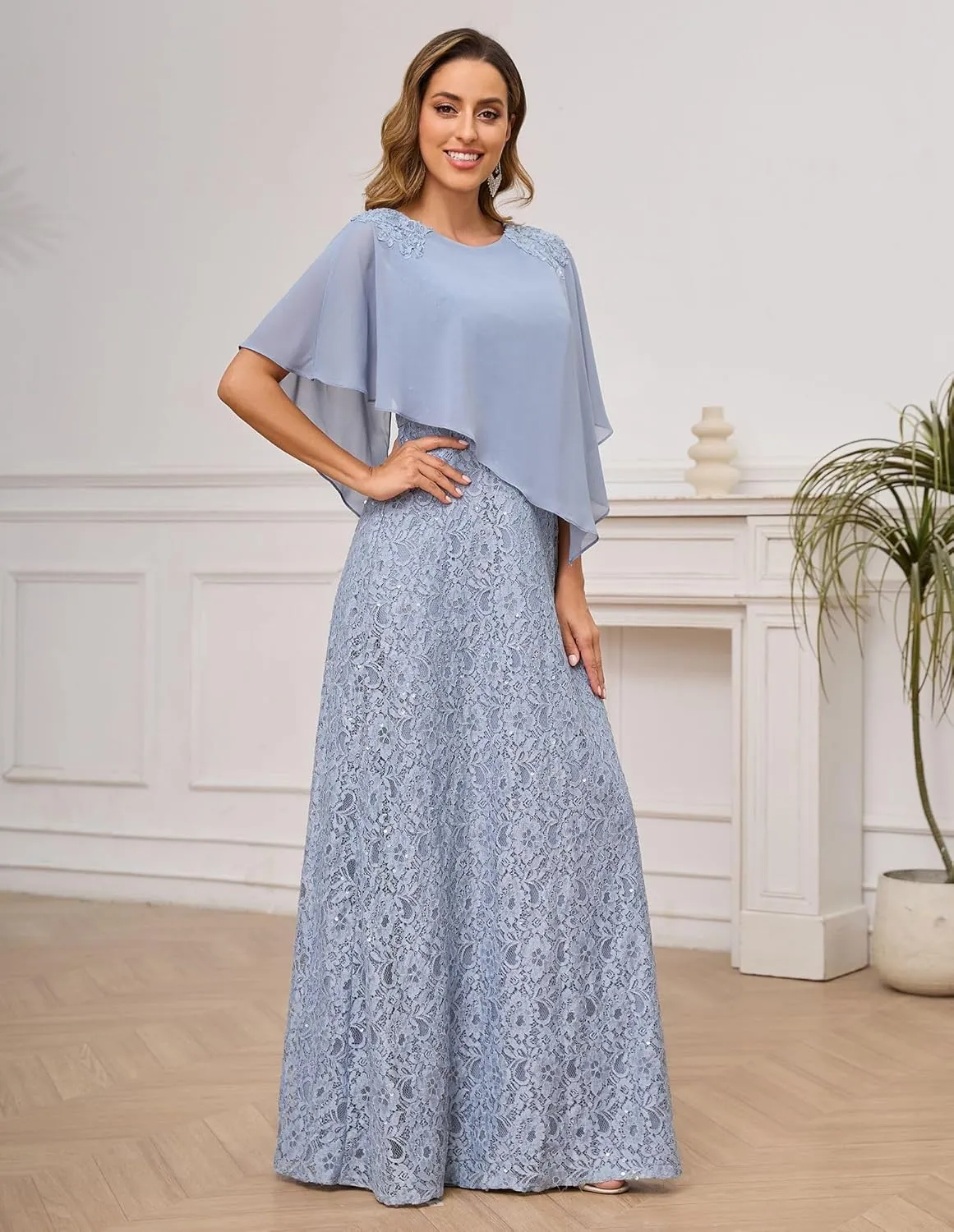 OFEECHUN Sequin Lace Mother of The Bride Dresses for Women Long Chiffon Cape Evening Formal Party Gown