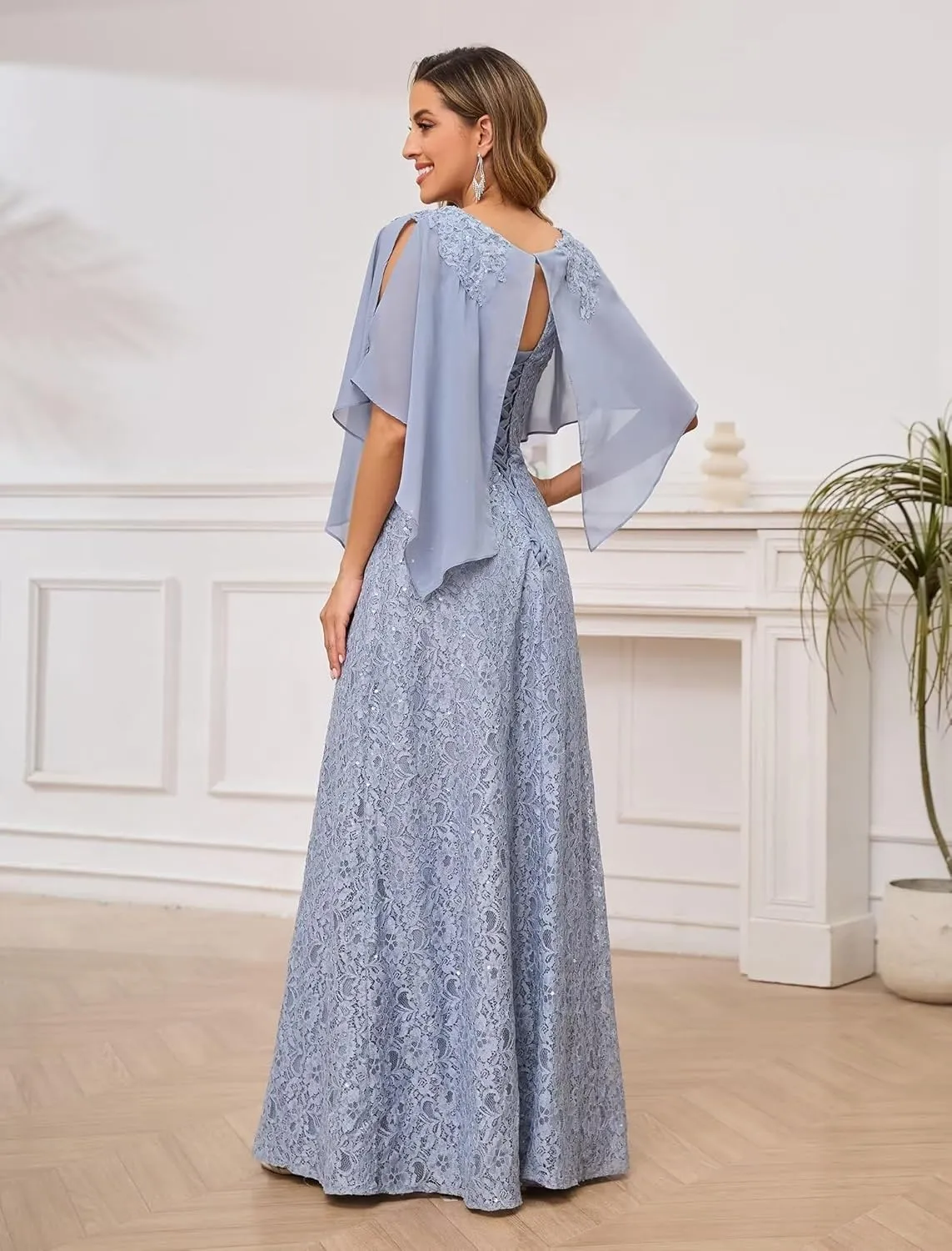 OFEECHUN Sequin Lace Mother of The Bride Dresses for Women Long Chiffon Cape Evening Formal Party Gown