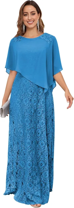 OFEECHUN Sequin Lace Mother of The Bride Dresses for Women Long Chiffon Cape Evening Formal Party Gown