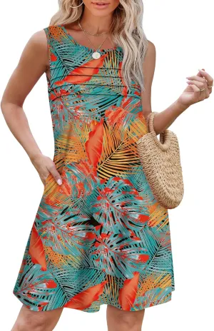 OFEEFAN Womens Pleated Front Tank Dresses Fashion Spring Sleeveless Pockets Sundress Casual Summer