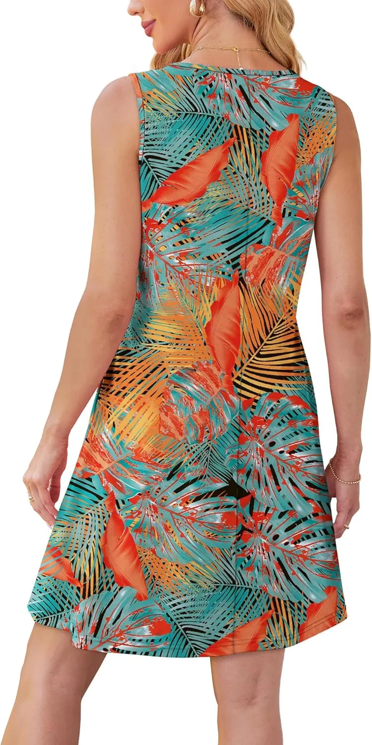 OFEEFAN Womens Pleated Front Tank Dresses Fashion Spring Sleeveless Pockets Sundress Casual Summer
