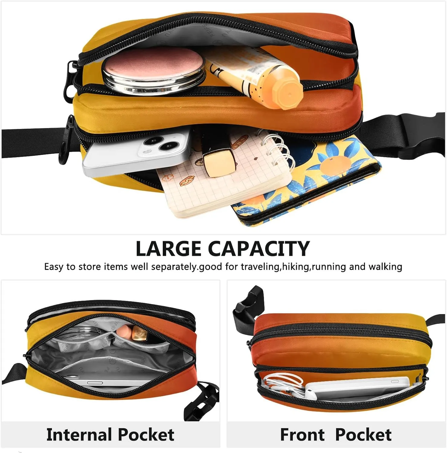 Orange Gradient Fanny Pack for Women Men Belt Bag Crossbody Waist Pouch Waterproof Everywhere Purse Fashion Sling Bag for Running Hiking Walking Travel
