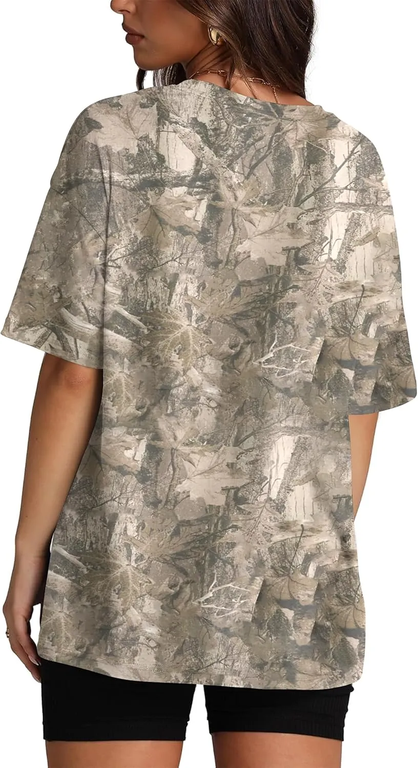 Oversized Camo Shirts for Women Men Maple Leaf Print Short Sleeve Crewneck T-Shirt Casual Loose Y2k Graphic Tee Tops