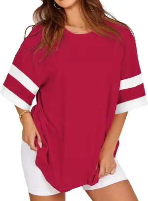Oversized Tshirts for Women Summer Round Neck Striped Loose Tee Tops