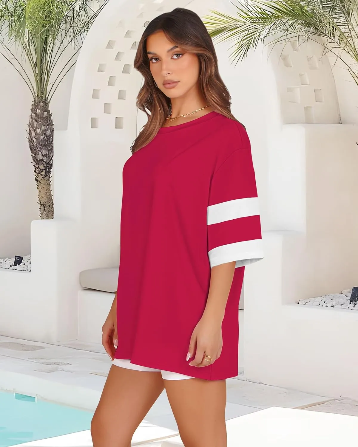 Oversized Tshirts for Women Summer Round Neck Striped Loose Tee Tops