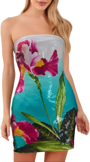 Owl's-Yard Women's Floral Print Mini Tube Dress Slim Strapless Sleeveless Bodycon Dresses Starfish Off Shoulder Sundress