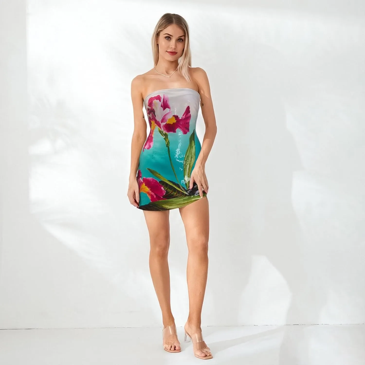 Owl's-Yard Women's Floral Print Mini Tube Dress Slim Strapless Sleeveless Bodycon Dresses Starfish Off Shoulder Sundress