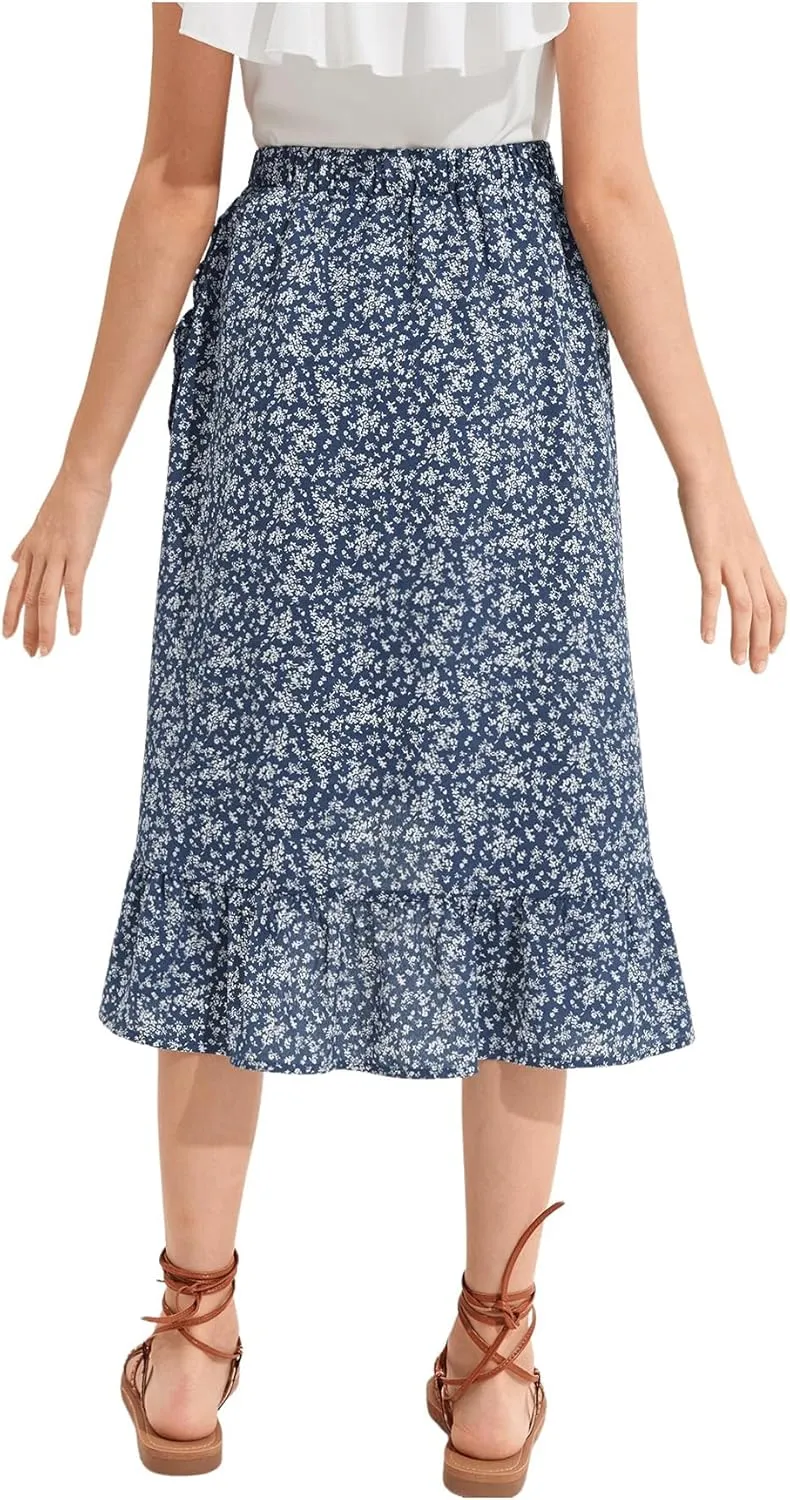 OYOANGLE Girl's Boho Chiffon Floral Print Ruffle Hem Asymmetrical Elastic High Waist Flowy Midi Skirt