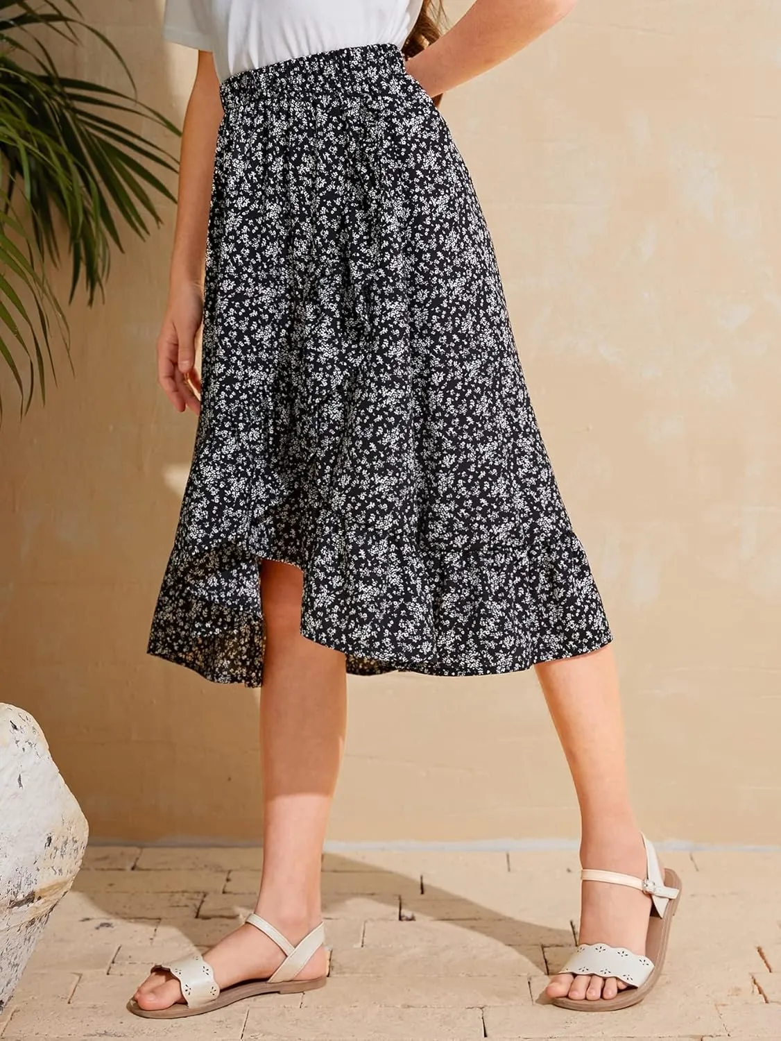 OYOANGLE Girl's Boho Chiffon Floral Print Ruffle Hem Asymmetrical Elastic High Waist Flowy Midi Skirt