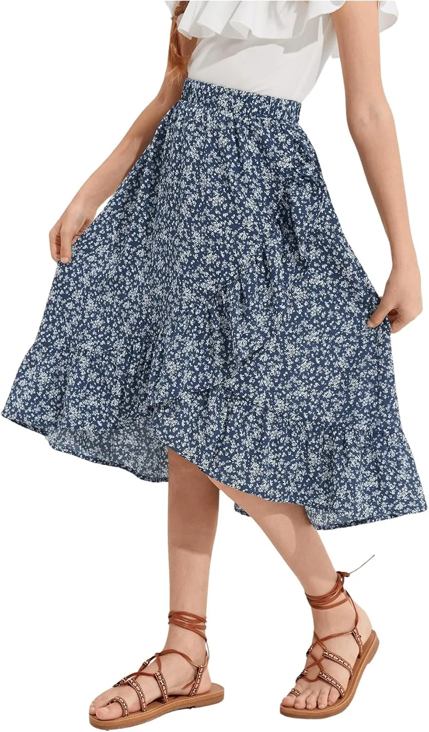 OYOANGLE Girl's Boho Chiffon Floral Print Ruffle Hem Asymmetrical Elastic High Waist Flowy Midi Skirt