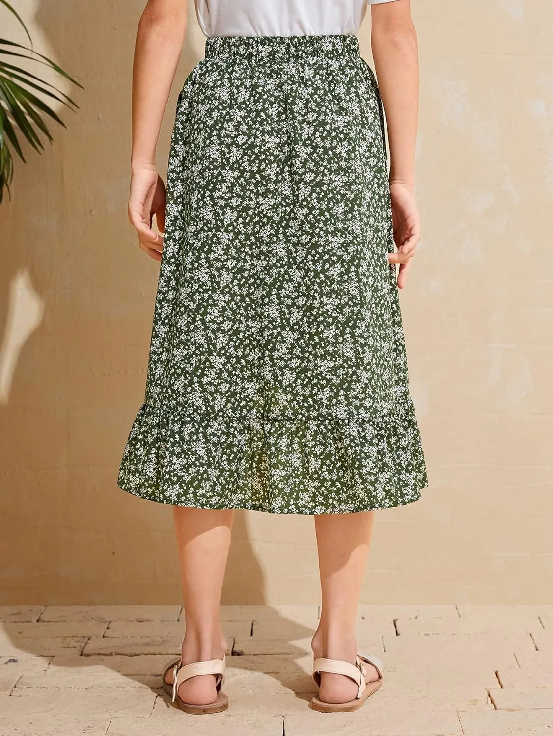 OYOANGLE Girl's Boho Chiffon Floral Print Ruffle Hem Asymmetrical Elastic High Waist Flowy Midi Skirt