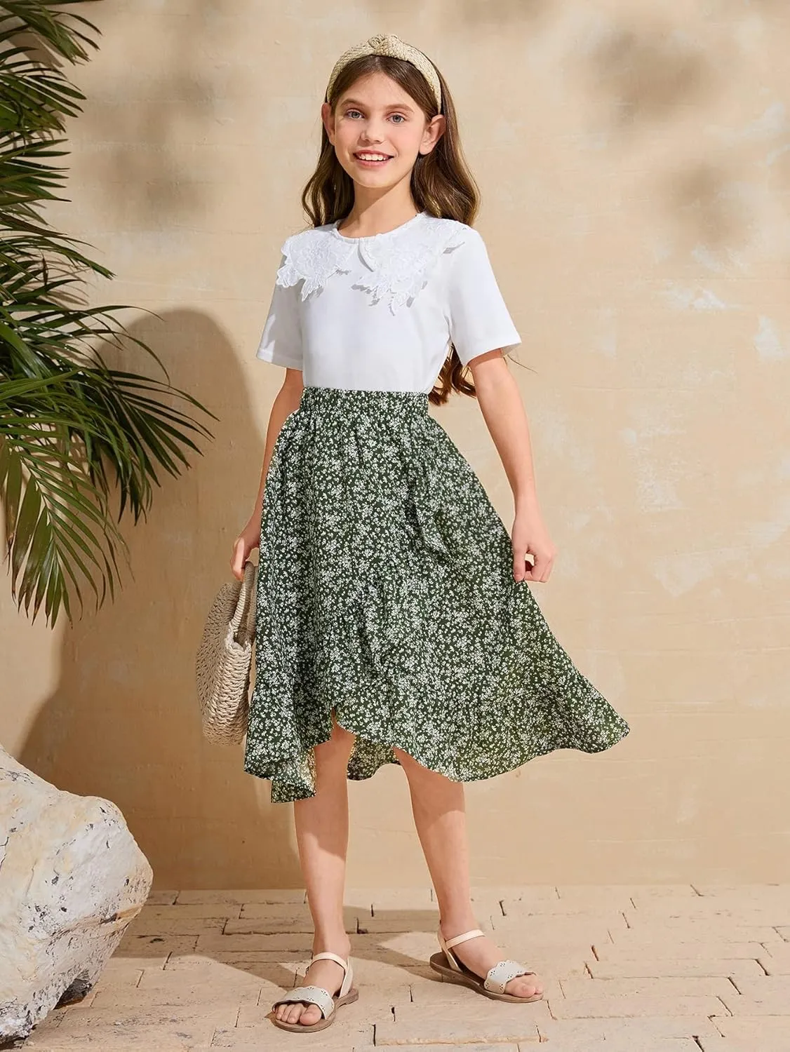 OYOANGLE Girl's Boho Chiffon Floral Print Ruffle Hem Asymmetrical Elastic High Waist Flowy Midi Skirt