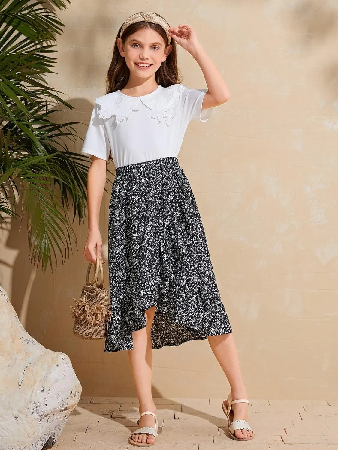 OYOANGLE Girl's Boho Chiffon Floral Print Ruffle Hem Asymmetrical Elastic High Waist Flowy Midi Skirt