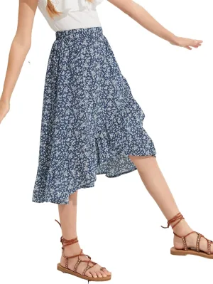 OYOANGLE Girl's Boho Chiffon Floral Print Ruffle Hem Asymmetrical Elastic High Waist Flowy Midi Skirt