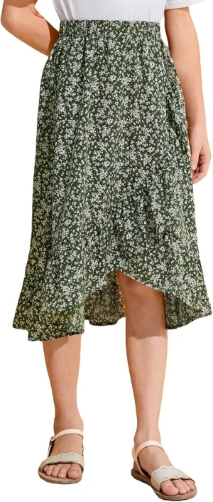 OYOANGLE Girl's Boho Chiffon Floral Print Ruffle Hem Asymmetrical Elastic High Waist Flowy Midi Skirt