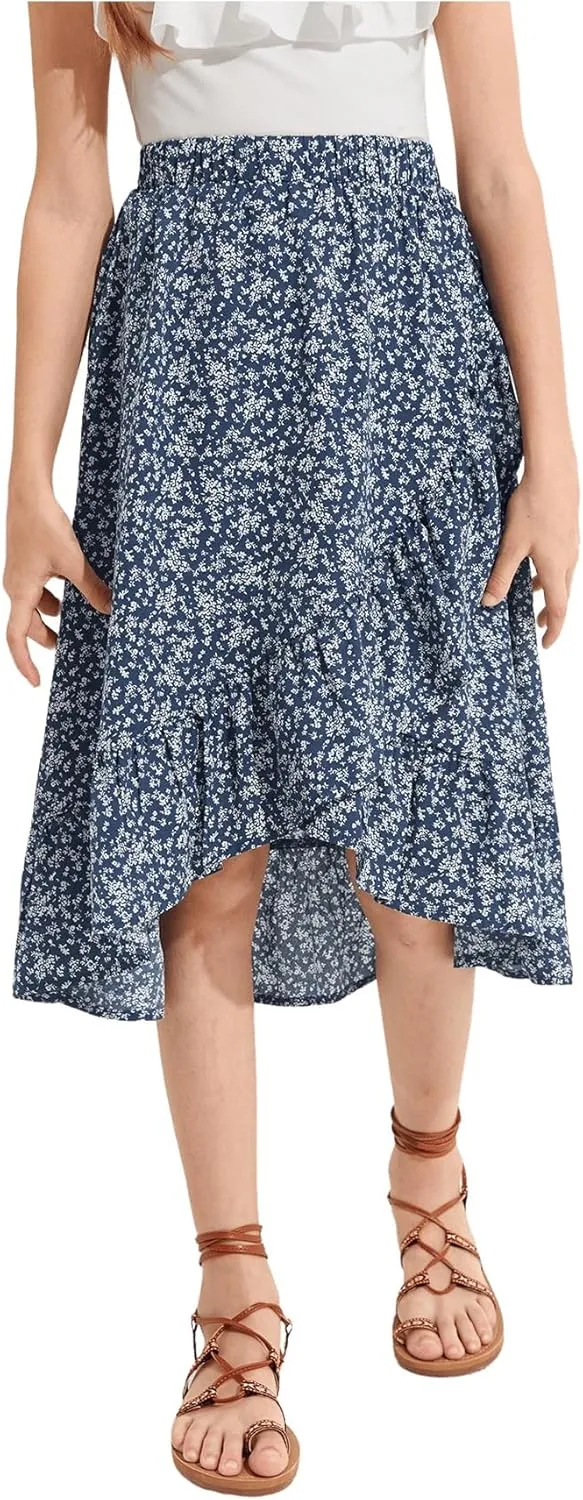 OYOANGLE Girl's Boho Chiffon Floral Print Ruffle Hem Asymmetrical Elastic High Waist Flowy Midi Skirt