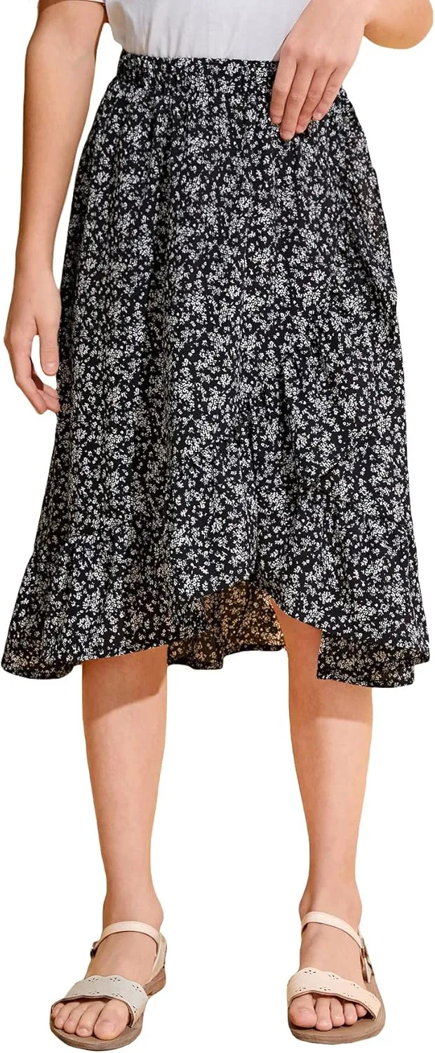 OYOANGLE Girl's Boho Chiffon Floral Print Ruffle Hem Asymmetrical Elastic High Waist Flowy Midi Skirt