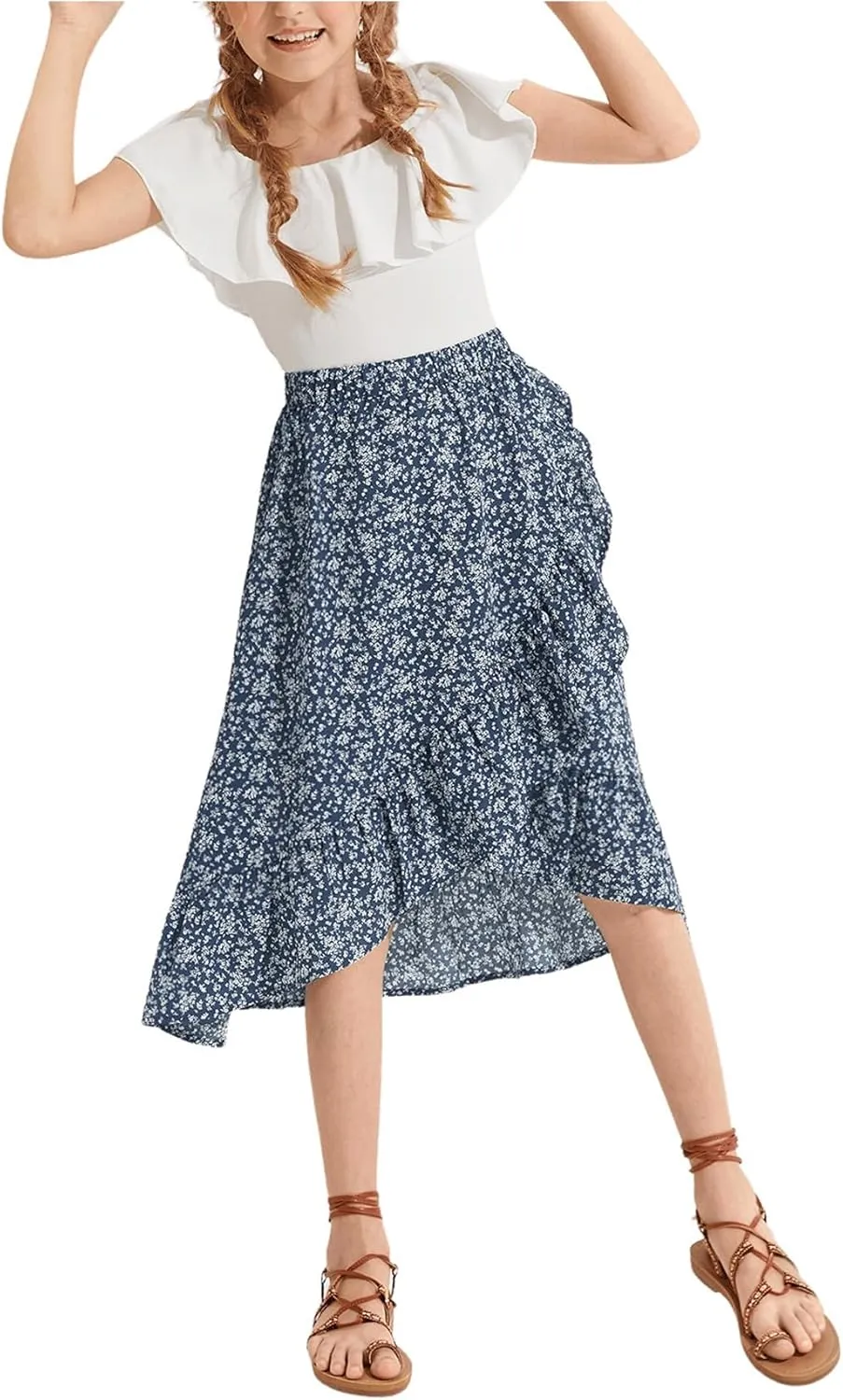 OYOANGLE Girl's Boho Chiffon Floral Print Ruffle Hem Asymmetrical Elastic High Waist Flowy Midi Skirt