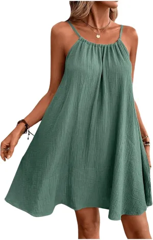 OYOANGLE Women's Summer Dress Spaghetti Strap Tie Back Flared A Line Short Dress Loose Casual Sundress