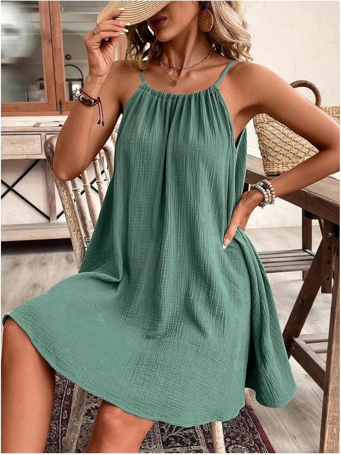 OYOANGLE Women's Summer Dress Spaghetti Strap Tie Back Flared A Line Short Dress Loose Casual Sundress