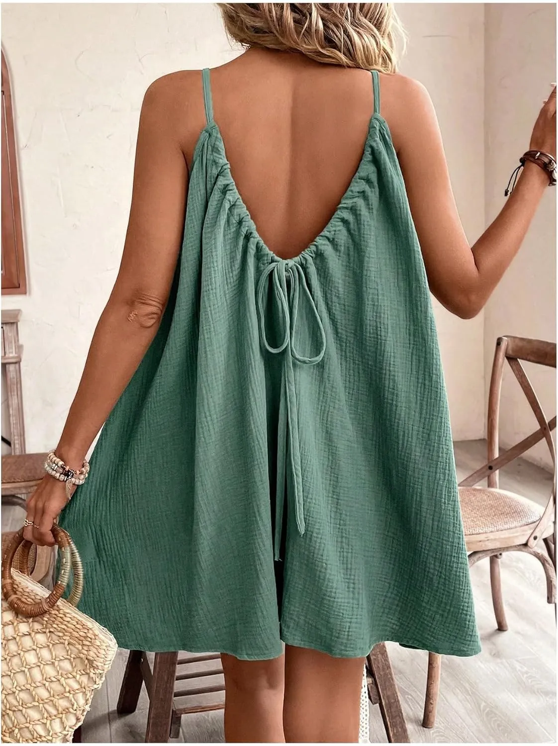 OYOANGLE Women's Summer Dress Spaghetti Strap Tie Back Flared A Line Short Dress Loose Casual Sundress
