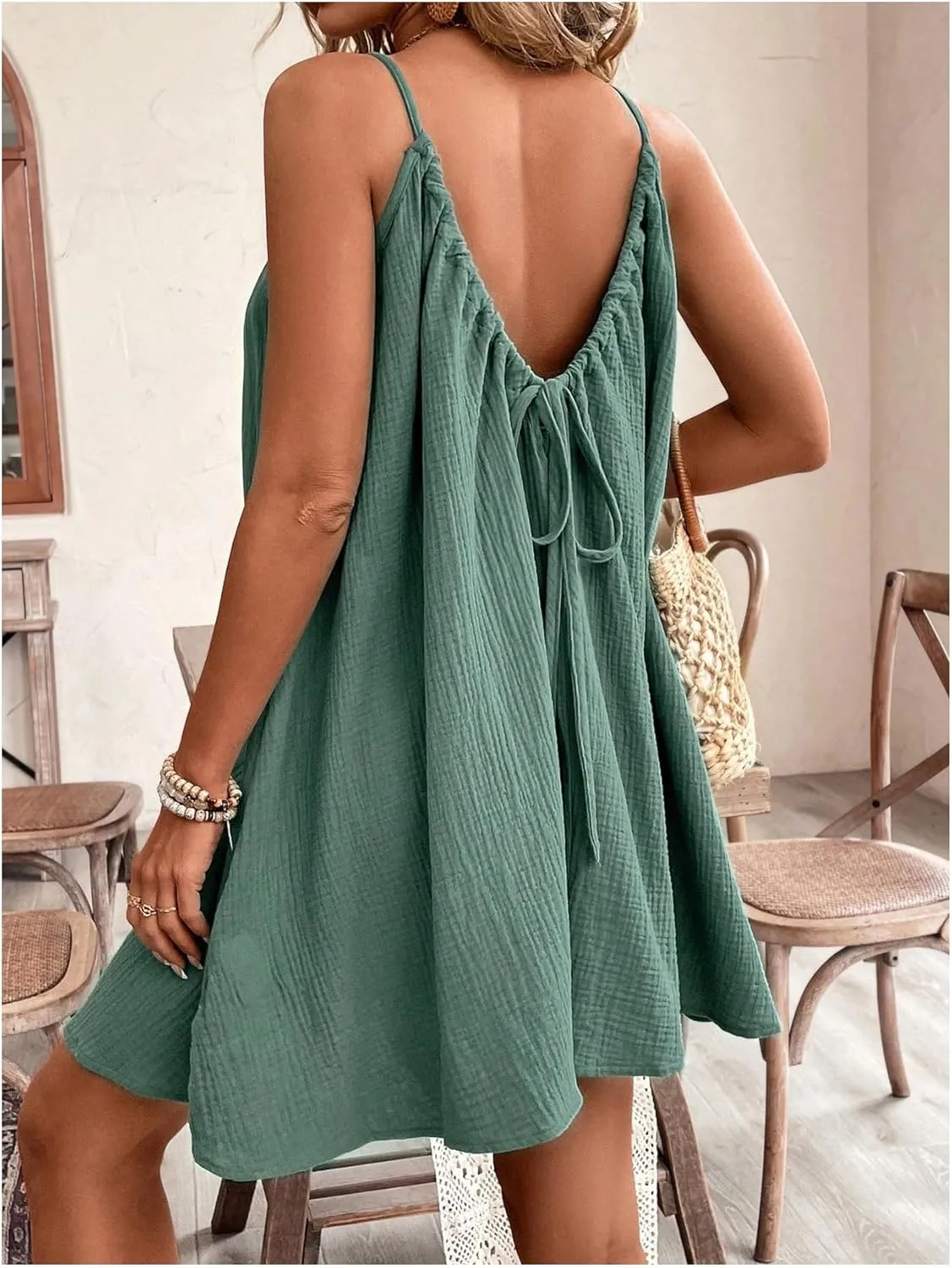 OYOANGLE Women's Summer Dress Spaghetti Strap Tie Back Flared A Line Short Dress Loose Casual Sundress