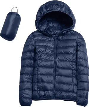 Packable Down Jacket Womens Lightweight Winter Duck Down Jackets Slim Fit Bubble Coat Zipper Warm Puffer Jacket with Hood