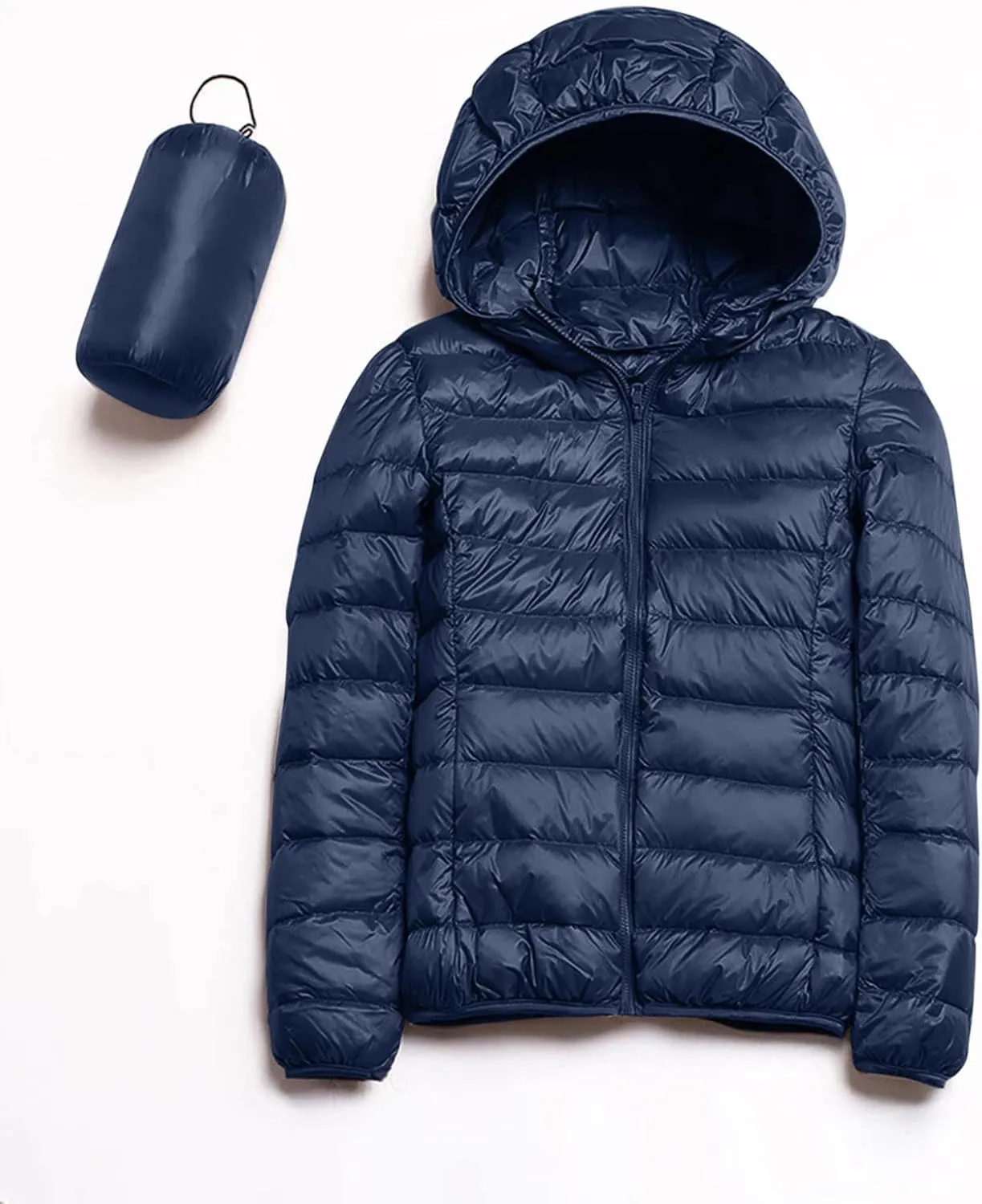 Packable Down Jacket Womens Lightweight Winter Duck Down Jackets Slim Fit Bubble Coat Zipper Warm Puffer Jacket with Hood