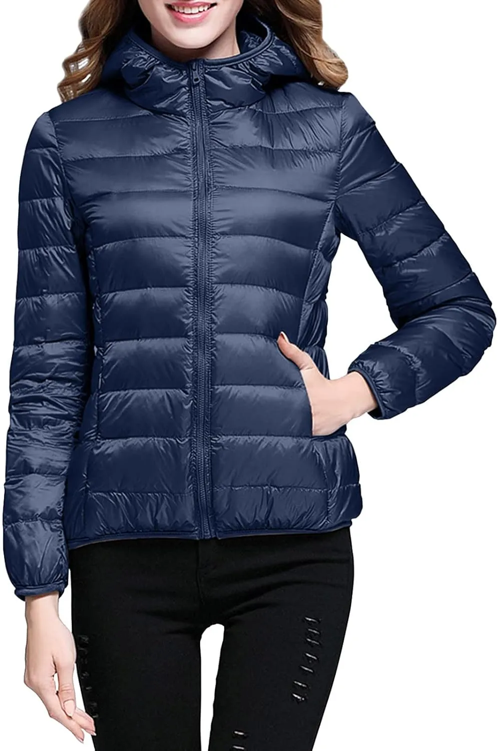 Packable Down Jacket Womens Lightweight Winter Duck Down Jackets Slim Fit Bubble Coat Zipper Warm Puffer Jacket with Hood