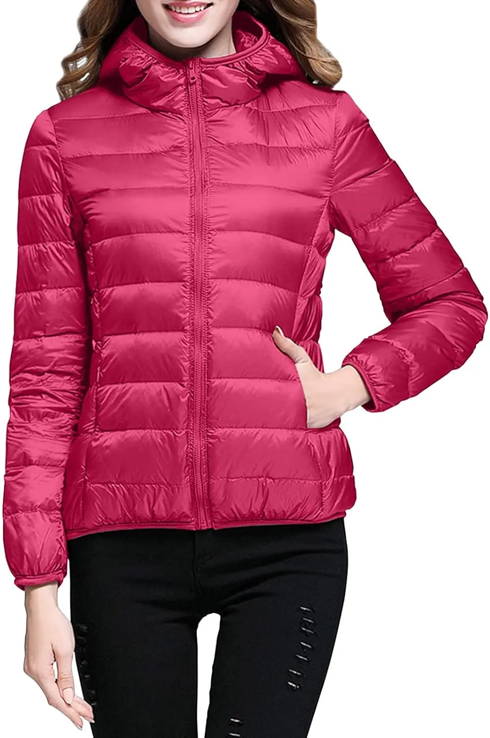 Packable Down Jacket Womens Lightweight Winter Duck Down Jackets Slim Fit Bubble Coat Zipper Warm Puffer Jacket with Hood