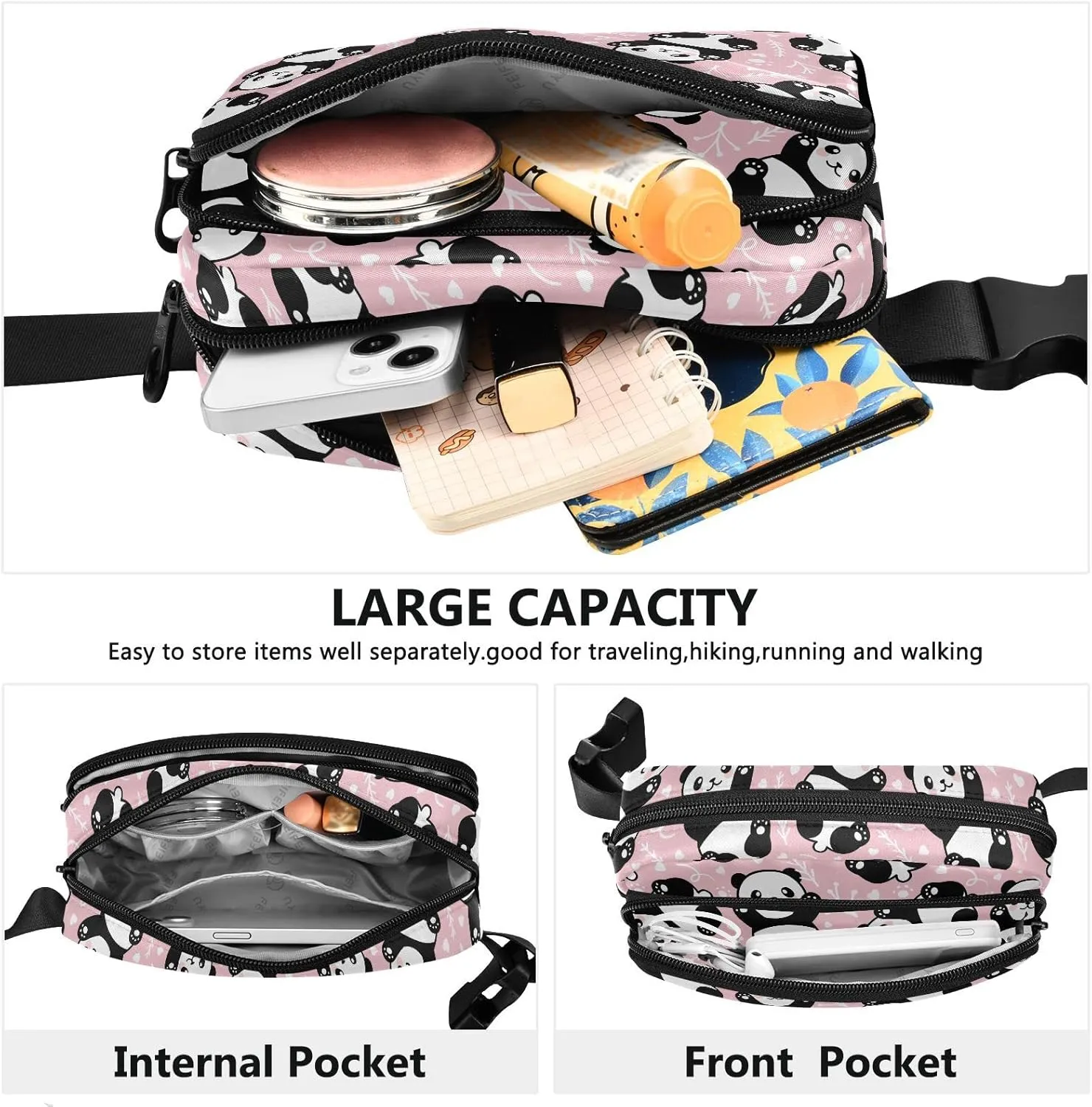 Panda Fanny Pink Pack for Women Men Belt Bag Crossbody Waist Pouch Waterproof Everywhere Purse Fashion Sling Bag for Running Hiking Workout Walking Travel