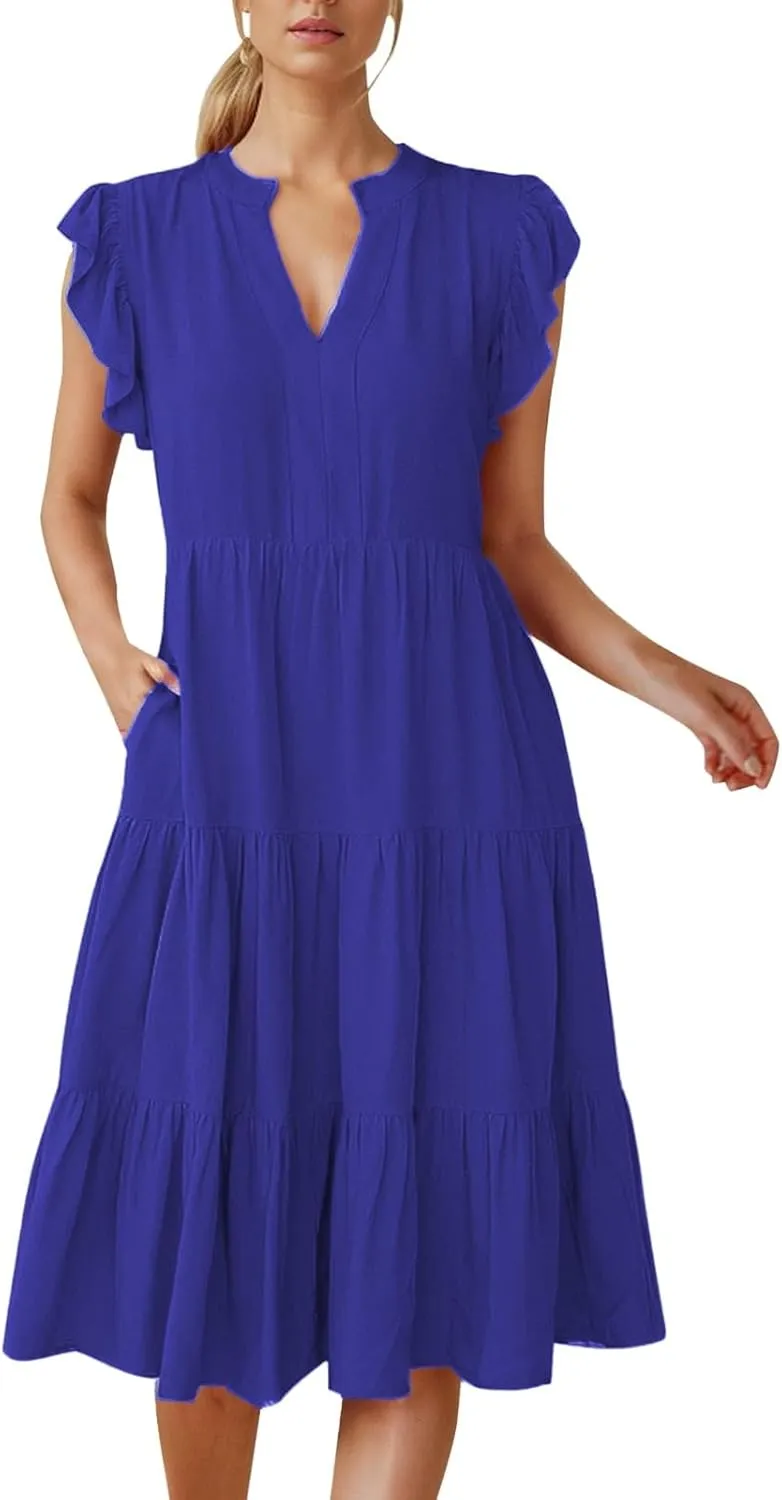 Photno V Neck Dresses for Women 2025 Summer Casual Dress Ruffle Sleeve Flowy Tiered Midi Dress with Pockets Boho Sundresses