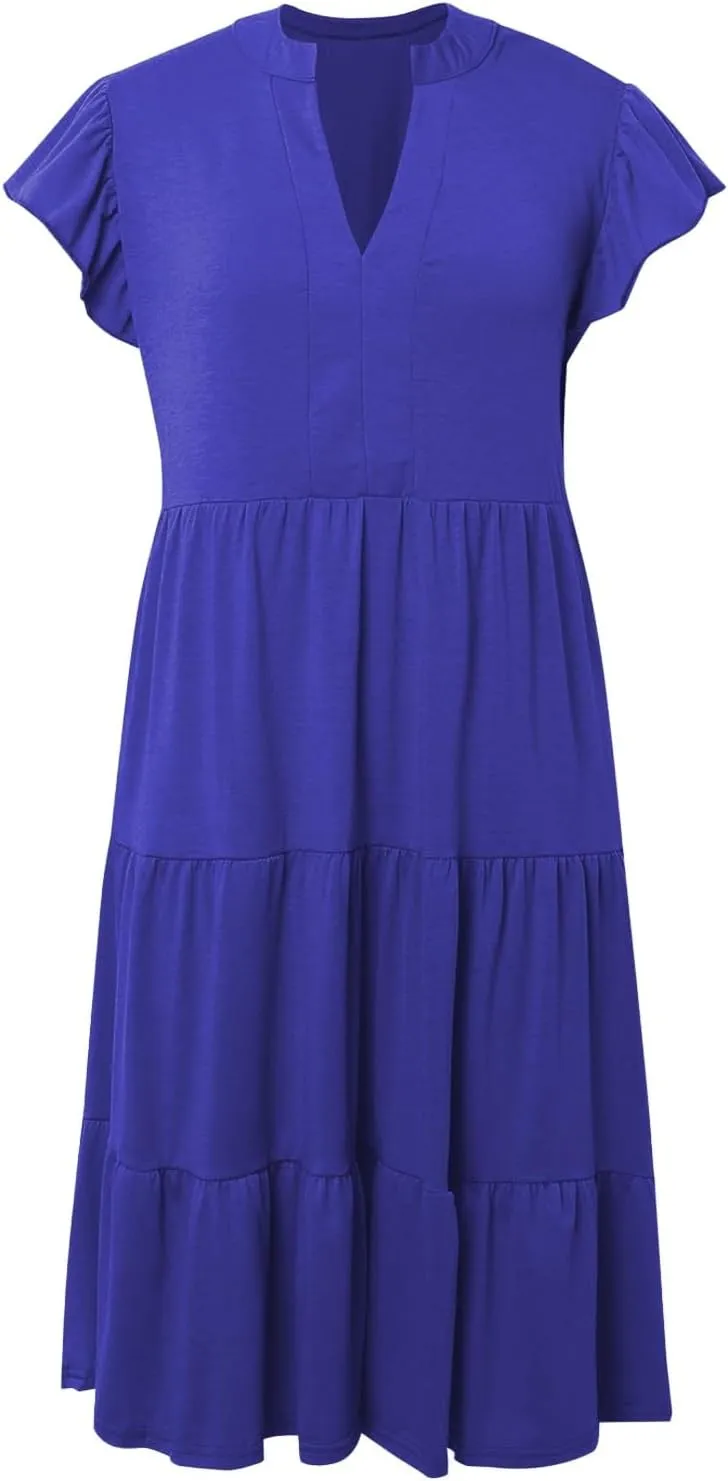 Photno V Neck Dresses for Women 2025 Summer Casual Dress Ruffle Sleeve Flowy Tiered Midi Dress with Pockets Boho Sundresses