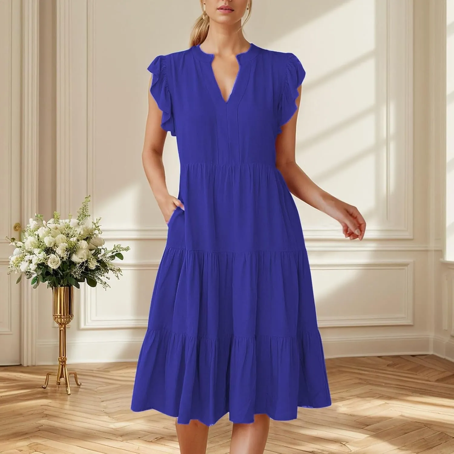Photno V Neck Dresses for Women 2025 Summer Casual Dress Ruffle Sleeve Flowy Tiered Midi Dress with Pockets Boho Sundresses