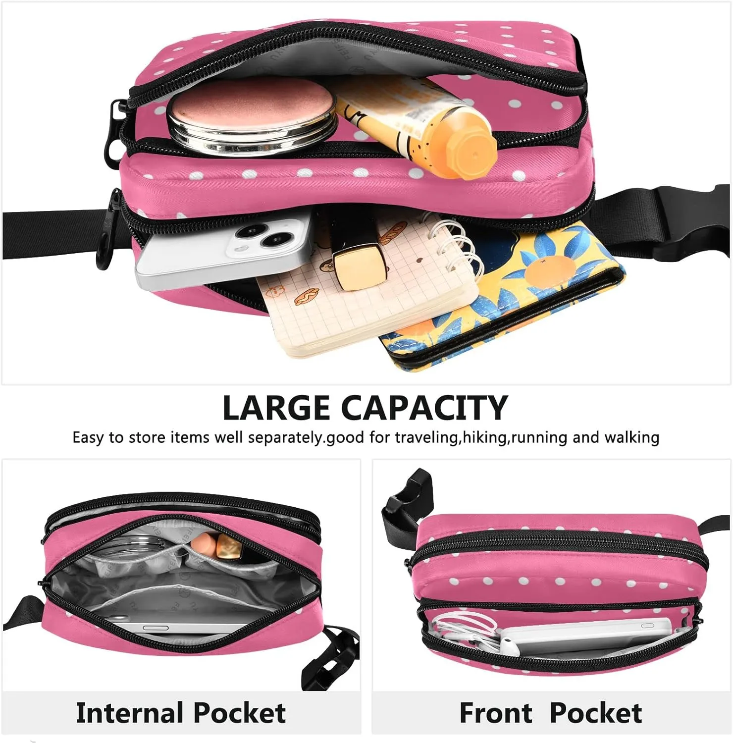 Pink Dots Fanny Pack for Women Men Belt Bag Crossbody Waist Pouch Waterproof Everywhere Purse Fashion Sling Bag for Running Hiking Workout Travel