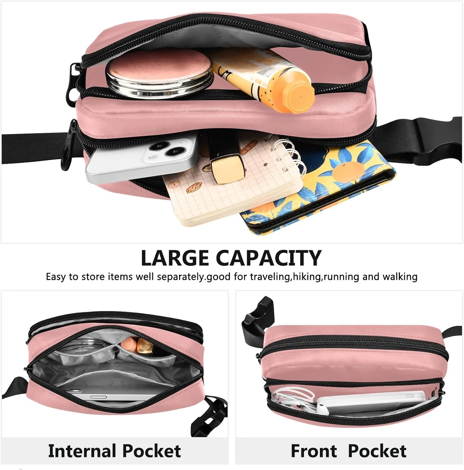 Pink Fanny Pack for Women Men Belt Bag Crossbody Waist Pouch Waterproof Everywhere Purse Fashion Sling Bag for Running Hiking Workout Walking