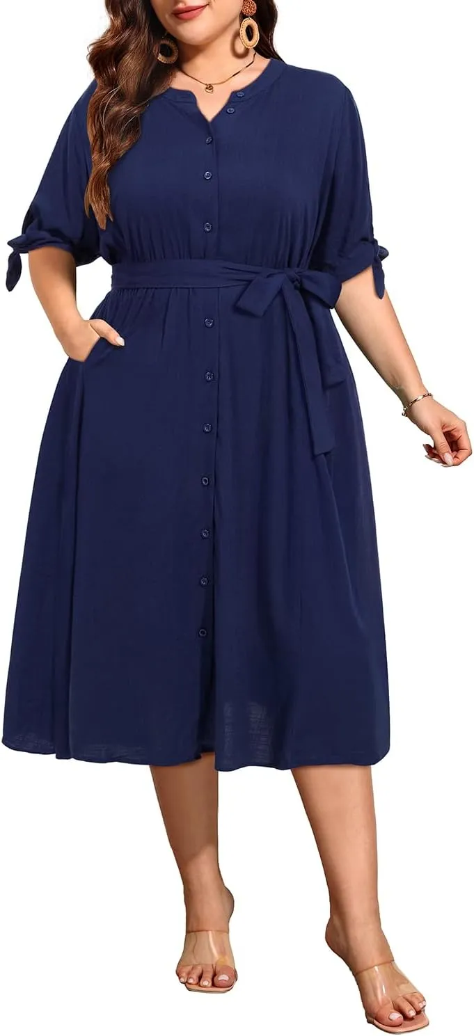 Pinup Fashion Summer Work Dress Plus Size - Office Casual Business Button Front Midi Dress with Pockets