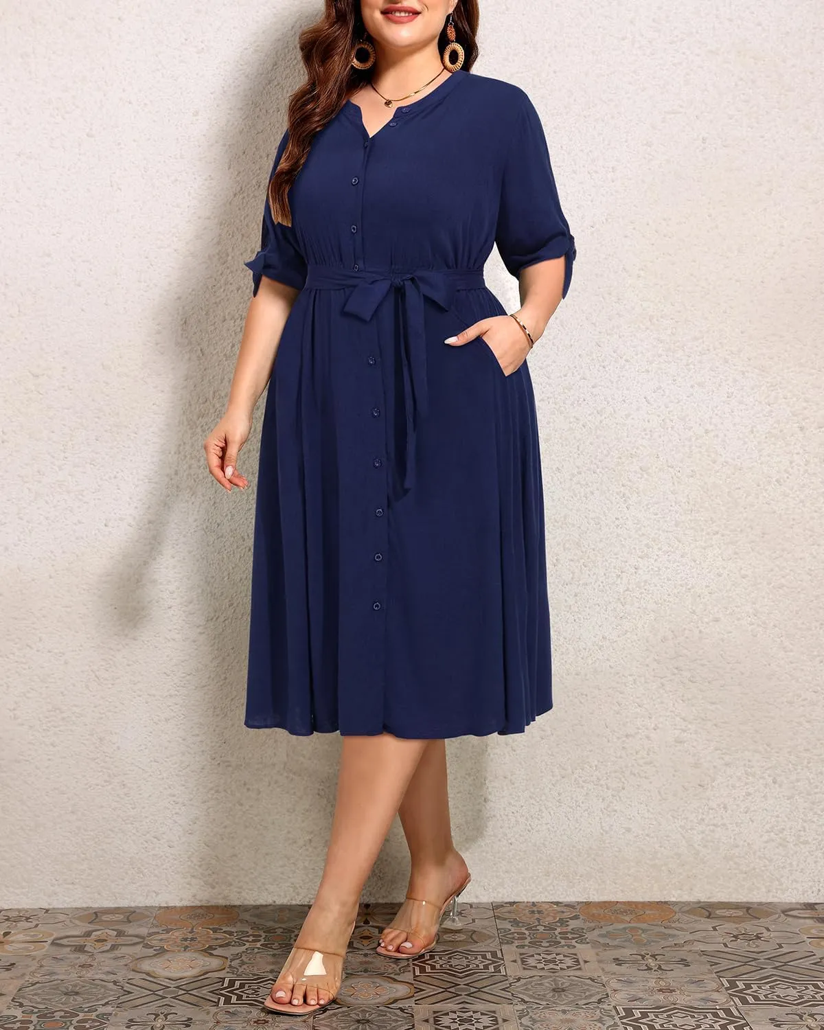 Pinup Fashion Summer Work Dress Plus Size - Office Casual Business Button Front Midi Dress with Pockets