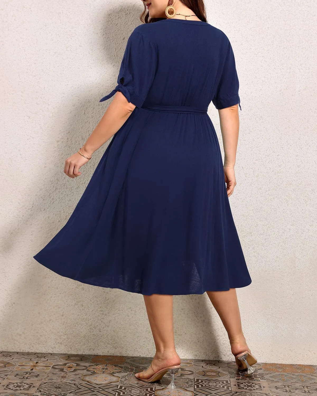 Pinup Fashion Summer Work Dress Plus Size - Office Casual Business Button Front Midi Dress with Pockets
