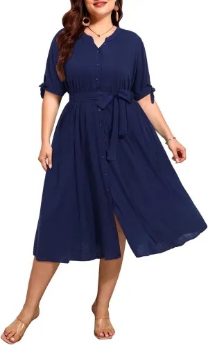 Pinup Fashion Summer Work Dress Plus Size - Office Casual Business Button Front Midi Dress with Pockets