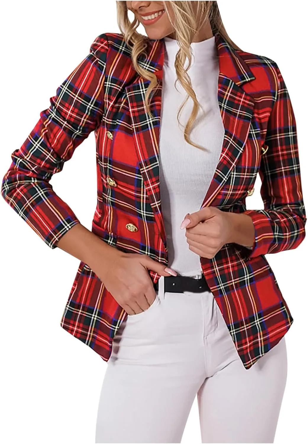 Plaid Blazer Jackets for Women Fashion Dressy Notched Lapel Collar Business Casual Work Office Formal Coats
