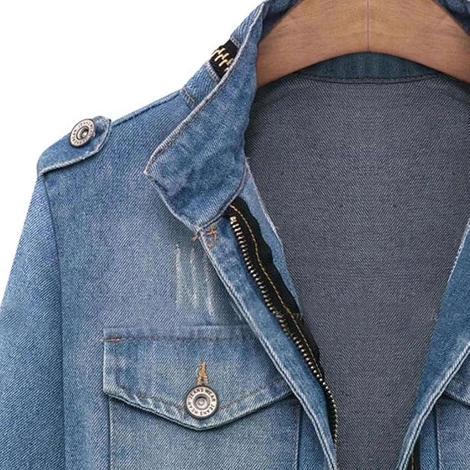 Plus Size Casual Denim Jackets Fashion Fall Winter Coats for Women Ladies Oversize Jeans Chain Jacket Pocket Coat