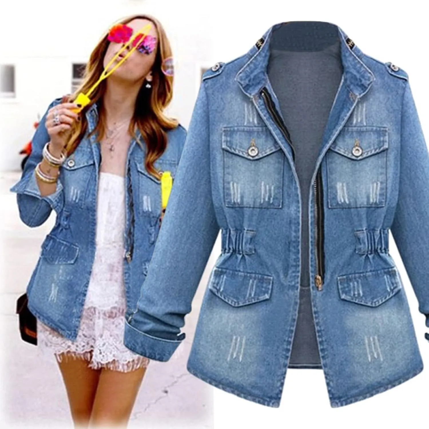 Plus Size Casual Denim Jackets Fashion Fall Winter Coats for Women Ladies Oversize Jeans Chain Jacket Pocket Coat