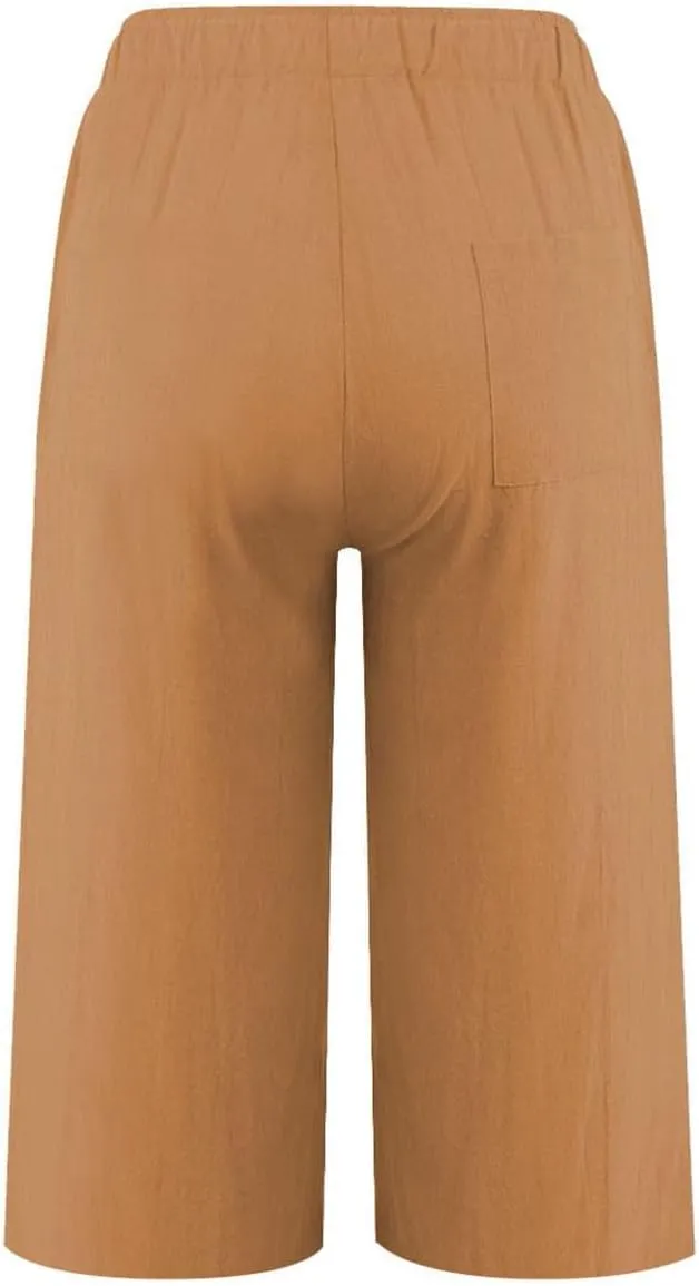 Plus Size Linen Cropped Capris for Women Drawstring Casual Cropped Trouser Leggings Summer 2024 Straight Leg Lounge