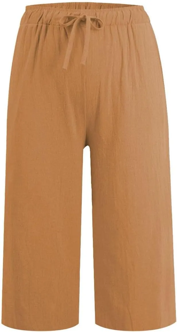 Plus Size Linen Cropped Capris for Women Drawstring Casual Cropped Trouser Leggings Summer 2024 Straight Leg Lounge