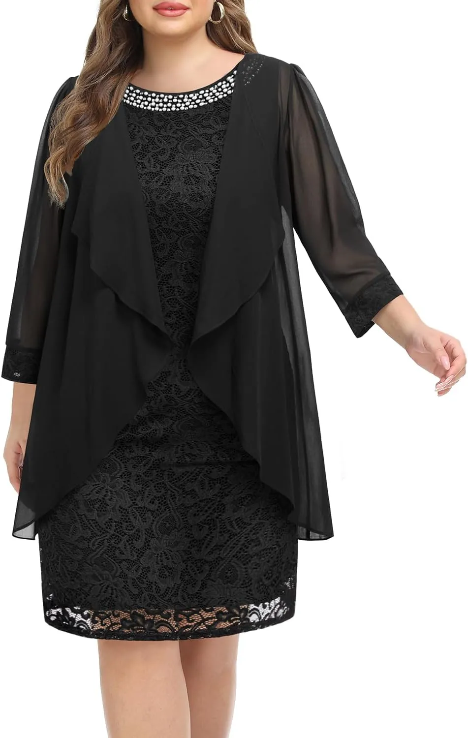 Plus Size Mother of The Bride Dress - 2 Piece Wedding Guest Formal Lace Dress with Jackets