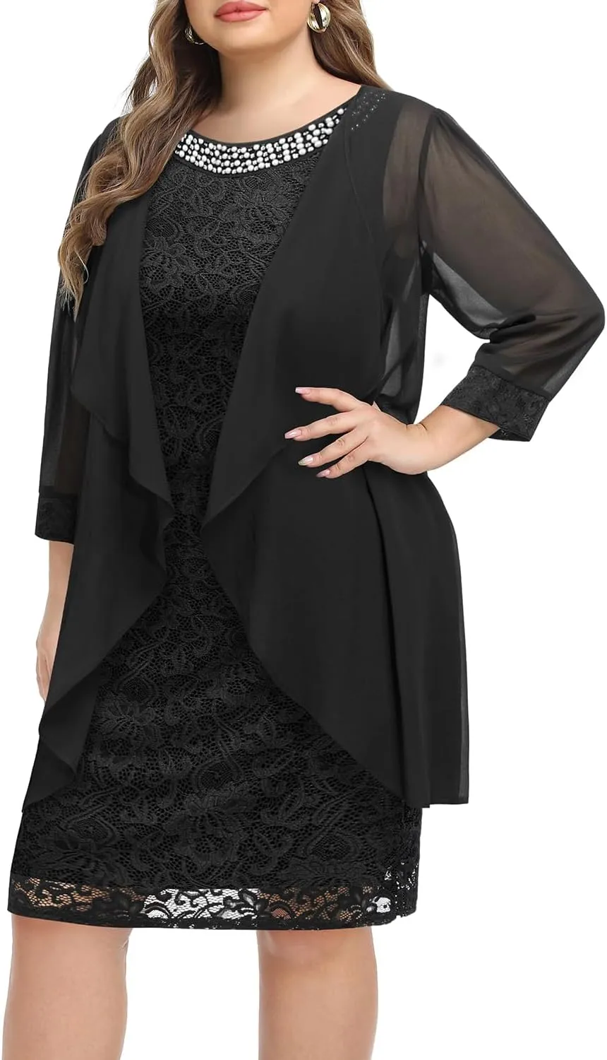 Plus Size Mother of The Bride Dress - 2 Piece Wedding Guest Formal Lace Dress with Jackets