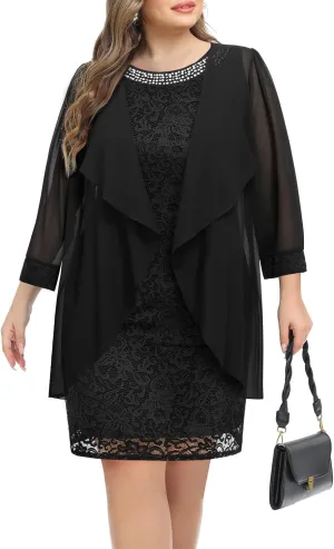 Plus Size Mother of The Bride Dress - 2 Piece Wedding Guest Formal Lace Dress with Jackets